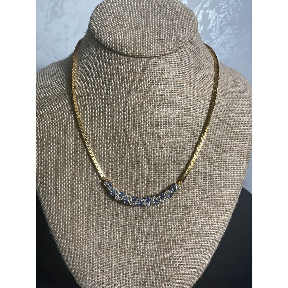 Gold Chain Necklace With Blue & Clear Rhinestone Accents